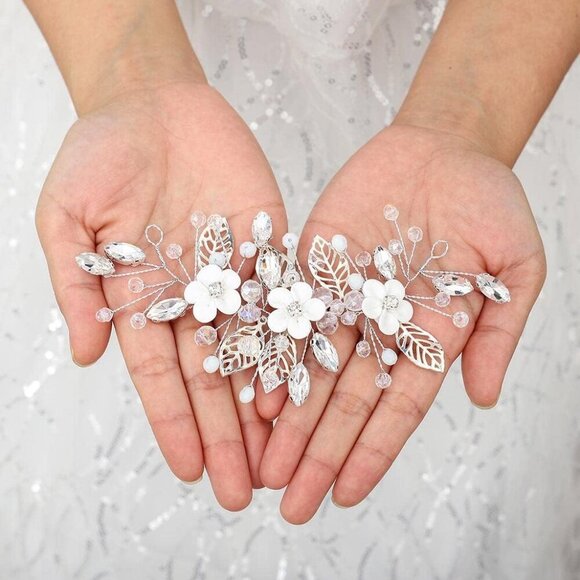 ❤️Women Silver Flower Bride Hair Vine Leaf  Hair Piece Beaded Headpieces Jewelry - Picture 2 of 9